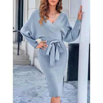 Chang Yun Women's Long Maxi Sweater Dresses Sexy Wrap Batwing V Neck Slit Open Back Holiday Bodycon Dress with Belt