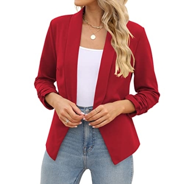 POGT Red Blazer for Women, Casual Work Ruched 3/4 Sleeve Open Front Jacket Plus Size (L, Red)