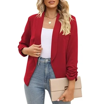 POGT Women’s Red Blazer, Casual Work Open Front Jacket