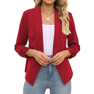 POGT Women’s Red Blazer, Casual Work Open Front Jacket