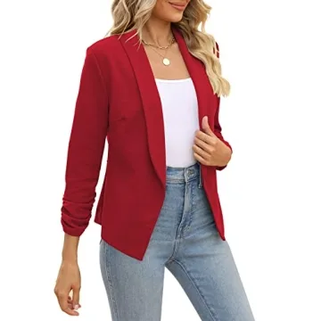 POGT Women’s Red Blazer, Casual Work Open Front Jacket