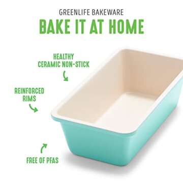 GreenLife Bakeware 8.5" x 4.4" Loaf Pan, Healthy Ceramic Nonstick, PFAS & PFOA-Free, Cake Bread Meatloaf & More, Oven Safe to 450F, Easy Cleanup, Turquoise