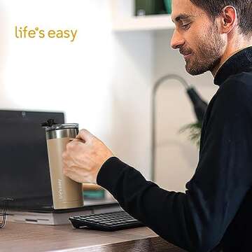 Life's Easy 20oz Stainless Steel Mug w/Handle - Double Wall Insulated Travel Tumbler w/Flip Lid - Le...