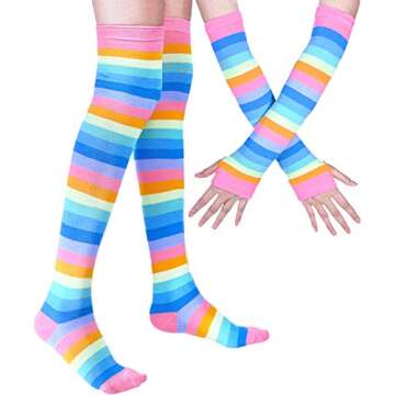 SherryDC Womens Girls Cosplay Rainbow Striped Knee High Socks Leg Arm Warmer Fingerless Gloves Set