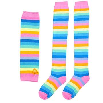 SherryDC Womens Girls Cosplay Rainbow Striped Knee High Socks Leg Arm Warmer Fingerless Gloves Set