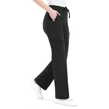 QBK Yoga Scrub Pants Women Mid Rise Yoga Work Pants- Five Pocket Cargo Scrub Pant (Large, Black-Tall)