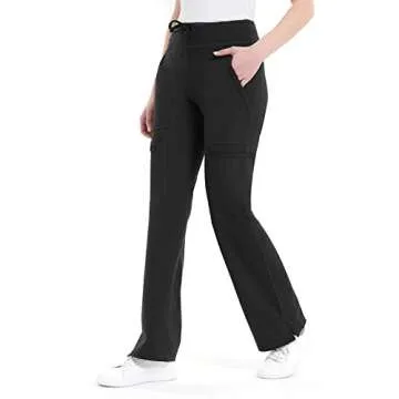 QBK Yoga Scrub Pants Women Mid Rise Yoga Work Pants- Five Pocket Cargo Scrub Pant (Large, Black-Tall)