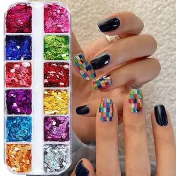 Square Glitter Nail Art Sequins, 12 Colors Rectangle Glitters Flakes Design, Holographic 3D Sparkly Acrylic Nails Supplies for Women Girls Manicure Powder Charms Decorations, DIY Shiny Nail Art Tips