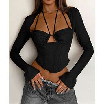 SOFIA'S CHOICE Women's Mesh Long Sleeve Crop Top Tie Back Asymmetrical Halter Cami Black Medium