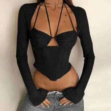 SOFIA'S CHOICE Women's Mesh Long Sleeve Crop Top Tie Back Asymmetrical Halter Cami Black Medium