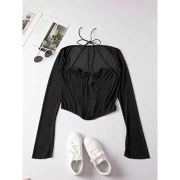 SOFIA'S CHOICE Women's Mesh Long Sleeve Crop Top Tie Back Asymmetrical Halter Cami Black Medium