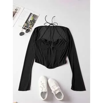 SOFIA'S CHOICE Women's Mesh Long Sleeve Crop Top Tie Back Asymmetrical Halter Cami Black Medium