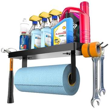 ZUNTO Garage Paper Towel Holder with Shelf, Black Stainless Steel Paper Towel Rack with Hooks, Wall ...