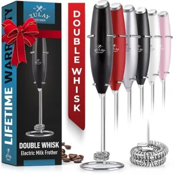 Zulay Kitchen Powerful Double Whisk Milk Frother Handheld - Foam Maker With Stand - Whisk Drink Mixe...