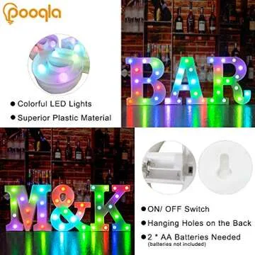 Pooqla Colorful LED marquee letter lights with Remote – light Up Signs – Party Bar Decorations for The Home - Multicolor A