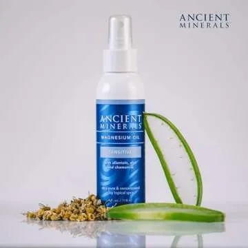 Ancient Minerals Magnesium Oil Spray Sensitive All-New Sensitive Formula with Allantoin, Organic Chamomile, and Organic Aloe Vera (4oz)