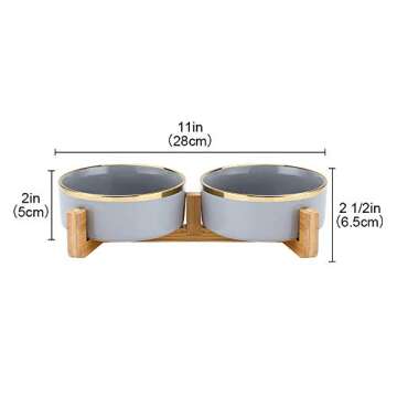 Grey Gold Ceramic Cat Dog Bowl Dish with Wood Stand No Spill Pet Food Water Feeder Cats Medium Dogs Set of 2