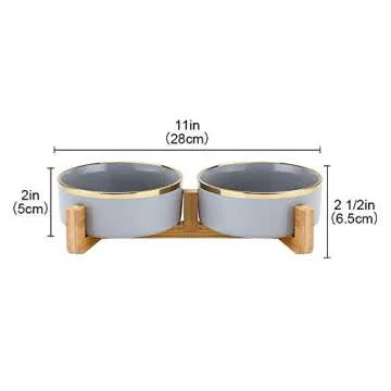 Grey Gold Ceramic Cat Dog Bowl Dish with Wood Stand No Spill Pet Food Water Feeder Cats Medium Dogs Set of 2