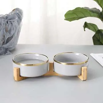 Grey Gold Ceramic Cat Dog Bowl Dish with Wood Stand No Spill Pet Food Water Feeder Cats Medium Dogs Set of 2