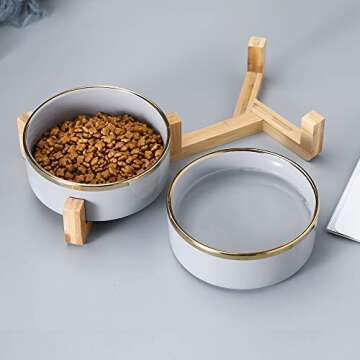 Grey Gold Ceramic Cat Dog Bowl Dish with Wood Stand No Spill Pet Food Water Feeder Cats Medium Dogs Set of 2