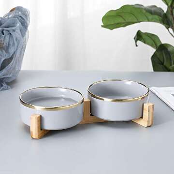 Grey Gold Ceramic Cat Dog Bowl Dish with Wood Stand No Spill Pet Food Water Feeder Cats Medium Dogs Set of 2