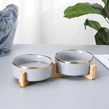 Grey Gold Ceramic Cat Dog Bowl Dish with Wood Stand No Spill Pet Food Water Feeder Cats Medium Dogs Set of 2