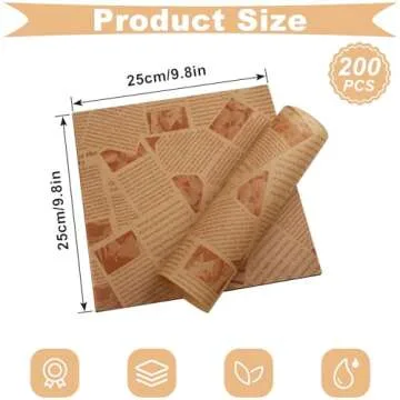 200 Pcs Deli Wax Paper Sheets for Food Basket Liners 10 x 10 Inch Old Newspaper Style Printed Greaseproof Deli Paper for Wrapping Breads Burgers French Fries Sandwiches (Brown)