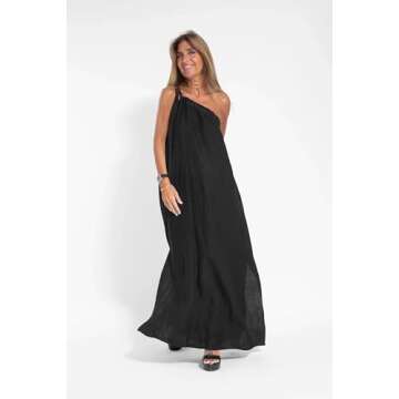 Women’s Summer Flowy Cotton Linen Pleated One Shoulder Split Maxi Dress Casual Loose Sleeveless St...