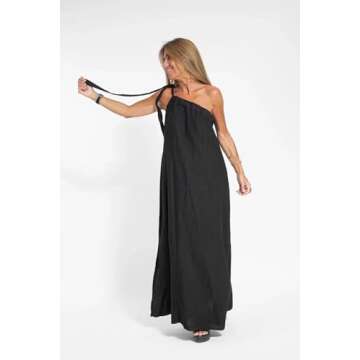Women’s Summer Flowy Cotton Linen Pleated One Shoulder Split Maxi Dress Casual Loose Sleeveless Strap A-Lien Dresses