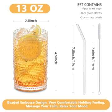 13 Oz Cocktail Glasses Hobnail Drinking Glasses Unique Vintage Bubble Cocktails - Set of 4 Old Fashi...