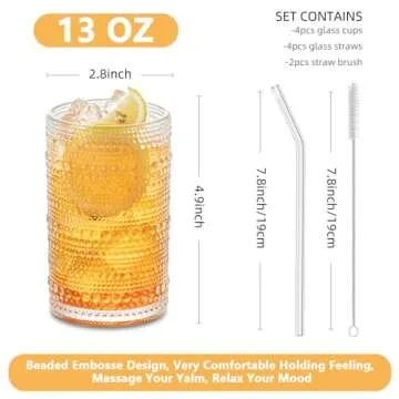 13 Oz Cocktail Glasses Hobnail Drinking Glasses Unique Vintage Bubble Cocktails - Set of 4 Old Fashi...