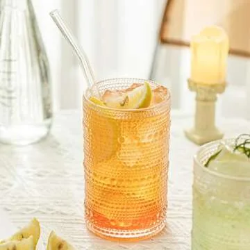 13 Oz Cocktail Glasses Hobnail Drinking Glasses Unique Vintage Bubble Cocktails - Set of 4 Old Fashioned Embossed Glassware Cups for Beverage, Water, Wine, Beer, Juice, Mixed Drinkware