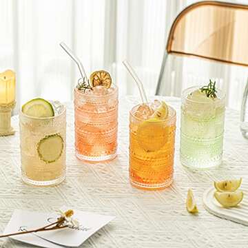 13 Oz Cocktail Glasses Hobnail Drinking Glasses Unique Vintage Bubble Cocktails - Set of 4 Old Fashioned Embossed Glassware Cups for Beverage, Water, Wine, Beer, Juice, Mixed Drinkware