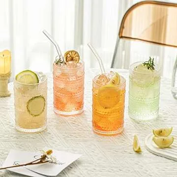 13 Oz Cocktail Glasses Hobnail Drinking Glasses Unique Vintage Bubble Cocktails - Set of 4 Old Fashioned Embossed Glassware Cups for Beverage, Water, Wine, Beer, Juice, Mixed Drinkware