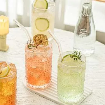 13 Oz Cocktail Glasses Hobnail Drinking Glasses Unique Vintage Bubble Cocktails - Set of 4 Old Fashioned Embossed Glassware Cups for Beverage, Water, Wine, Beer, Juice, Mixed Drinkware