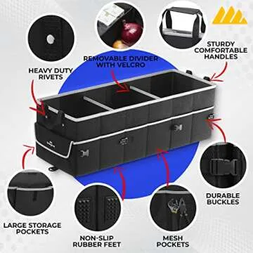 Integral Premium Trunk Organizer with Reusable Shopping Bags and Cooler – Collapsible Storage Container with Insulated Leakproof Cooler Bag, Non Slip Bottom, and Adjustable Securing Straps