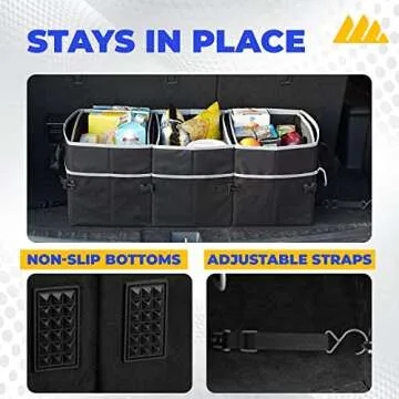 Integral Premium Trunk Organizer with Reusable Shopping Bags and Cooler – Collapsible Storage Container with Insulated Leakproof Cooler Bag, Non Slip Bottom, and Adjustable Securing Straps