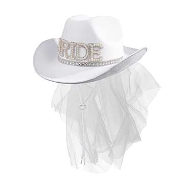 MGupzao Cowboy Hat and Veil Bachelorette Party,White Cowgirl Hat Wedding Bridal Shower Decoration,Br...