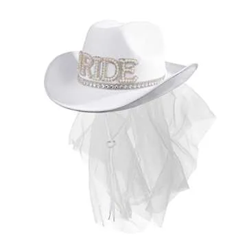 MGupzao Cowboy Hat and Veil Bachelorette Party,White Cowgirl Hat Wedding Bridal Shower Decoration,Br...