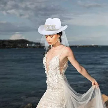 MGupzao Cowboy Hat and Veil Bachelorette Party,White Cowgirl Hat Wedding Bridal Shower Decoration,Bride to be Gift,Country-Western Novelty