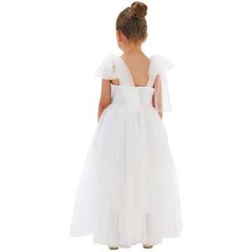 2Bunnies Girl Toddler Bow Tie Spaghetti Strap Embroidered Square Neck Tulle Flower Girl Dress (Polka Dot White, 7/8)