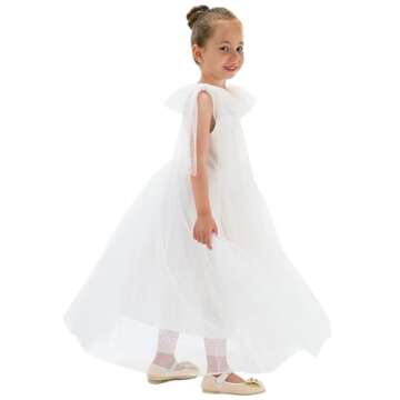 2Bunnies Girl Toddler Bow Tie Spaghetti Strap Embroidered Square Neck Tulle Flower Girl Dress (Polka Dot White, 7/8)