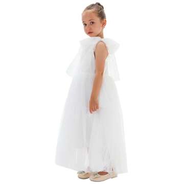 2Bunnies Girl Toddler Bow Tie Spaghetti Strap Embroidered Square Neck Tulle Flower Girl Dress (Polka Dot White, 7/8)