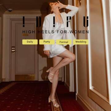 IDIFU Gold Strappy Heels High Chunky Block Heels Square Toe Three Strap Slip On Heels Comfortable Sl...