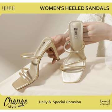 IDIFU Gold Strappy Heels High Chunky Block Heels Square Toe Three Strap Slip On Heels Comfortable Slides Heeled Sandals Sexy Wedding Party Dress Shoes Open Toe Mules Heels for Women(Gold Pu, 8)