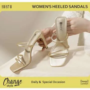 IDIFU Gold Strappy Heels High Chunky Block Heels Square Toe Three Strap Slip On Heels Comfortable Slides Heeled Sandals Sexy Wedding Party Dress Shoes Open Toe Mules Heels for Women(Gold Pu, 8)