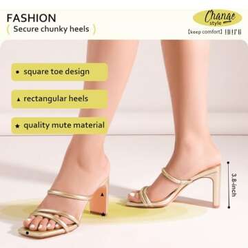 IDIFU Gold Strappy Heels High Chunky Block Heels Square Toe Three Strap Slip On Heels Comfortable Slides Heeled Sandals Sexy Wedding Party Dress Shoes Open Toe Mules Heels for Women(Gold Pu, 8)