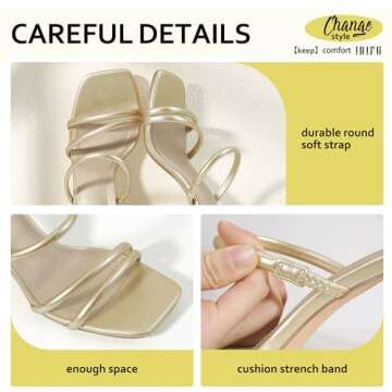 IDIFU Gold Strappy Heels High Chunky Block Heels Square Toe Three Strap Slip On Heels Comfortable Slides Heeled Sandals Sexy Wedding Party Dress Shoes Open Toe Mules Heels for Women(Gold Pu, 8)