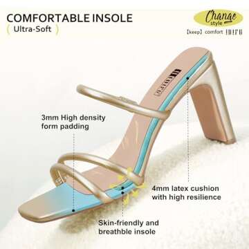 IDIFU Gold Strappy Heels High Chunky Block Heels Square Toe Three Strap Slip On Heels Comfortable Slides Heeled Sandals Sexy Wedding Party Dress Shoes Open Toe Mules Heels for Women(Gold Pu, 8)