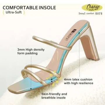 IDIFU Gold Strappy Heels High Chunky Block Heels Square Toe Three Strap Slip On Heels Comfortable Slides Heeled Sandals Sexy Wedding Party Dress Shoes Open Toe Mules Heels for Women(Gold Pu, 8)
